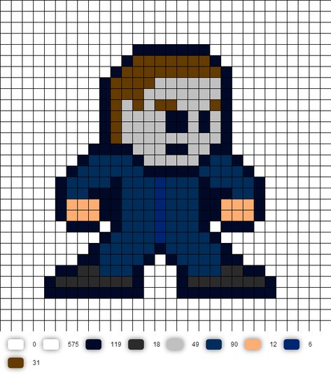 Michael Myers pixel art template Micheal Myers Pixel Art, Micheal Myers Perler Bead, How To Draw Michael Myers, Michael Myers Pixel Art Grid, Michael Myers Cross Stitch, Pixel Art Spooky, Horror Perler, Horror Pixel Art, Pixel Art Horror