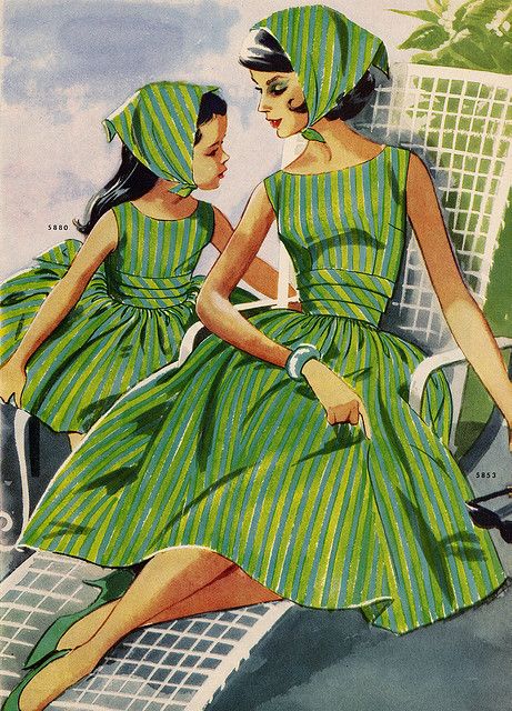 Vintage mother and daughter dress patterns. How sweet and innocent they seem. Does this say Mad Men era to you? Mother Daughter Fashion, Patron Vintage, Mother Daughter Dress, Vintage Dress Patterns, Green Dresses, Images Vintage, Photo Vintage, Vintage Life, Moda Vintage