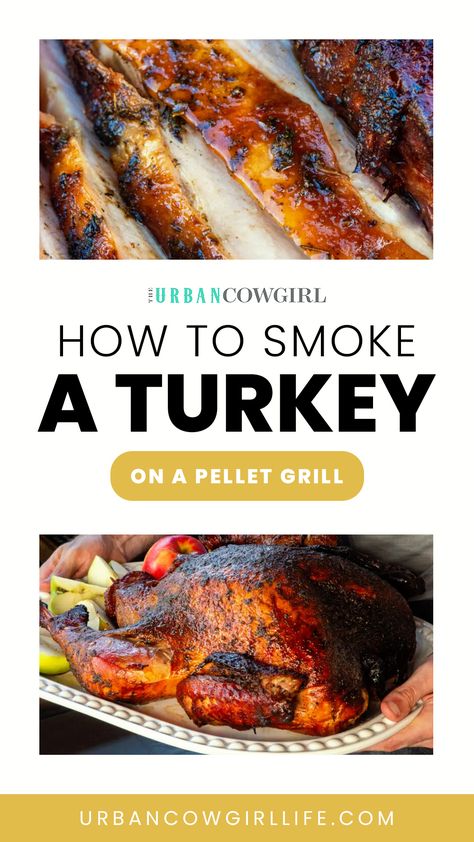 Learn how to smoke a whole turkey on a pellet grill with these steps: Prep the turkey by brining it for 24-36 hours. Choose a fruitwood like apple or cherry for the best flavor. Smoke at 250°F until the internal temperature reaches 165°F (about 25 min per pound). Rest the turkey for 30 min to 1 hour before carving. Use an electric knife to carve the juicy and delicious smoked turkey. Whole Turkey On Pellet Grill, Pellet Grill Smoked Turkey, Smoked Whole Turkey Pellet Grill, Smoked Turkey On Pellet Grill, Smoked Turkey Side Dishes, Turkey On Pellet Grill, Turkey Brine For Smoked Turkey, Pellet Smoked Turkey, Pellet Grill Turkey