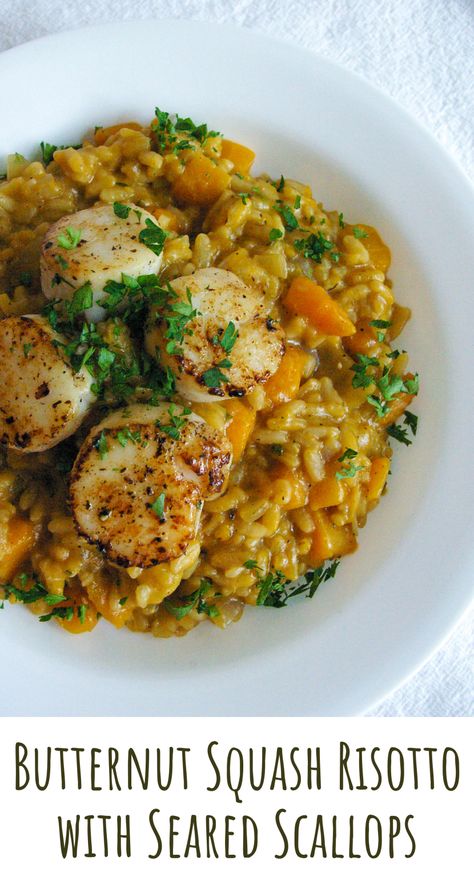 Scallop Risotto Recipes, Butternut Risotto, Creamy Butternut Squash, Seafood Risotto, Butternut Squash Puree, Squash Risotto, Chicken And Butternut Squash, Butternut Squash Risotto, Fresh Sage