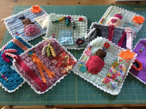 Twiddle mats for Dementia patients. Nursing Home Gifts, Sensory Blanket, Diy Fountain, Fidget Blankets, Fidget Quilt, Diy Gifts For Boyfriend, Nursing Home, Crochet Gifts, Yarn Crafts