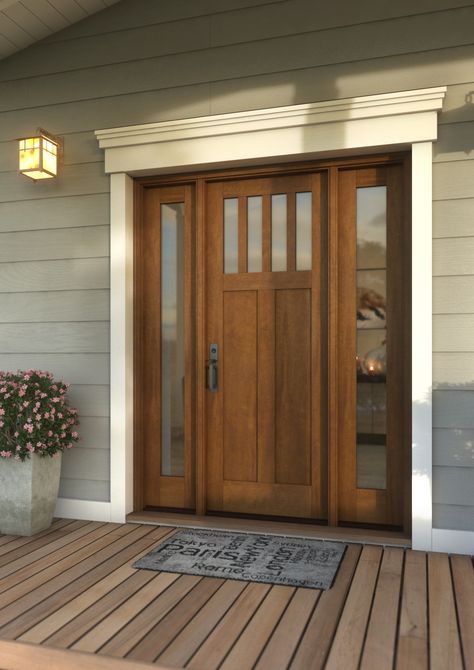 Mission Style Front Door, Wooden Front Doors With Glass Panels, Solid Wood Exterior Door, Modern Wood Entry Door, White Trim With Wood Doors, Rustic Front Door Ideas, Cedar Front Door, Natural Wood Front Door, Exterior Wood Door