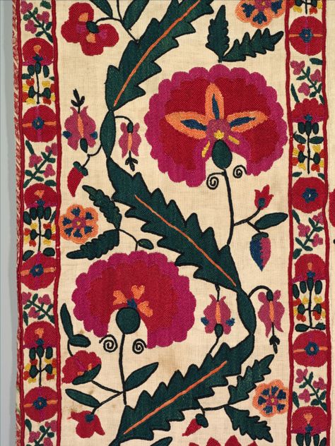 Central Asia, South West Uzbekistan, Shakhrisyabz, Plain weave: cotton, 6 strips; embroidery: silk Filling stitch: kanda xajol, occasionally bosma, outlining stitch: ilmoq, 89-1/2 x 70 in. Gift of John and Fausta Eskenazi in honor of Louise W. Mackie and in celebration of the museum’s centennial 2016.89 Mothers And Daughters, Textile Pattern Design, Cleveland Museum Of Art, Art Organization, Bed Curtains, Floral Spray, Central Asia, South West, Textile Patterns