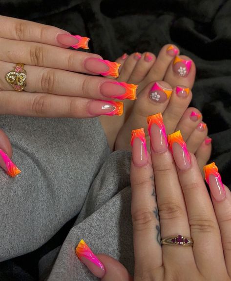 Different Nail Design Each Finger, Nail Inspiration Multicolor, Pink And Orange Ombre Nails Art Designs, Vibrant Nail Ideas, Nail Ideas Orange And Pink, Royal Blue And Orange Nails, Pink And Orange Acrylic Nails, Tenerife Nails, Jamaican Nail Designs