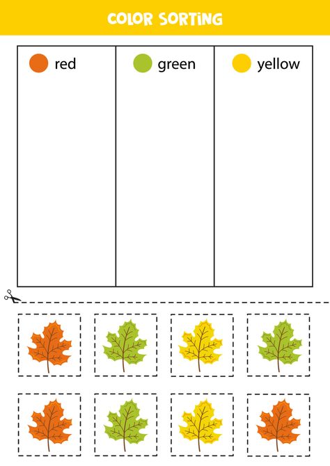 Download the Sort hand drawn leaves by colors. Learning colors for children. 11744387 royalty-free Vector from Vecteezy for your project and explore over a million other vectors, icons and clipart graphics! Fall Shapes Preschool, Fall Sorting Activities Preschool, Leaf Theme Preschool Activities, Autumn Activities For Kids Preschool, Leaves Activities For Preschoolers, Leaves Crafts For Toddlers, Harvest Preschool Activities, Fall Montessori Activities, September Clipart