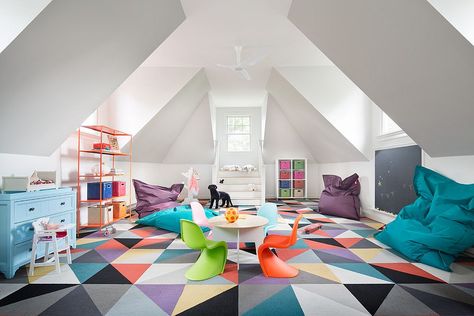 Attic playroom with flooring that replaces the traditional rug [Design: Stone Creek Builders] Attic Room Ideas, Modern Chinoiserie, Floor Pattern, Attic Playroom, Contemporary Craftsman, Playroom Design, Attic Renovation, Attic Remodel, Chinoiserie Wallpaper