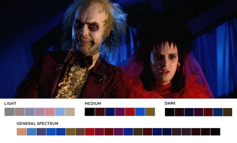 Color Grading Inspiration: Movie Barcodes and Color Palettes: Beetlejuice Tim Burton Color Palette, Beetlejuice Color Palette, Film Palette, Cinema Palettes, Benny And Joon, Beetlejuice 1988, Color In Film, Tim Burton Beetlejuice, Movie Color Palette