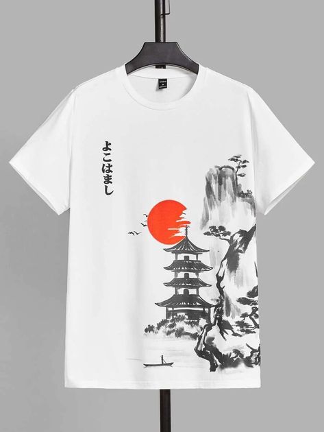 SHEIN Men Japanese Letter & Landscape Print Tee | SHEIN USA Mens Shirts Design Ideas, Teshert Design, White T Shirt Painting Ideas, Japanese Tshirt Design, Men Tshirt Design, Men Fashion Suit, Unique Tshirt Designs, Japanese T Shirt, Japanese Letter