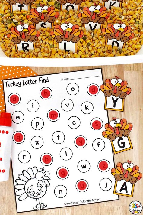 November Preschool Sensory Bin, Fall Theme Pre K Activities, Preschool Thanksgiving Literacy Activities, Turkey Stem Activities Preschool, Kindergarten Activities Thanksgiving, Turkey Alphabet Match, Alphabet Knowledge Activities Preschool, November Sensory Bin Kindergarten, Letter O Sensory Bin