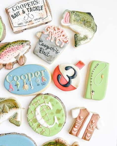 Airiel French on Instagram: "Off to the cutest fishing party you ever did see! #dfwcookies #dallascookies #arlingtontxcookies #fishingcookies #fishcookies #fishingparty #dallascustomcakes #dallascustomcookies #dfwcustomcookies #cookiesofinstagram #dallaspartyplanner #dallaspartyrentals #dallas #arlingtontx #dallasbaker #ofishallyonecookies #birthdaycookies #royalicingcookies #merimeri" O Fish Ally One Birthday Cookies, Fishing Third Birthday Party, 2nd Birthday Fishing Theme, Ofishally One Cookies, Fish Cookies Decorated, Fishing Cookies, Royal Cookies, Fishing Themed Birthday Party, Camping Theme Birthday Party