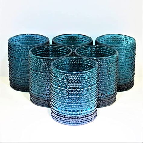 6-pack Hobnail Drinking Glasses, 10 oz Thick Modern Glass Tumbler, Double Old Fashion Glass, Vintage Bubble Glassware (Cornflower Blue) Vintage Drinking Glasses, Colored Glassware, Apartment Aesthetic, Old Fashioned Glass, Bar Glassware, Dark Turquoise, Turquoise Glass, Old Fashion, Glassware Set