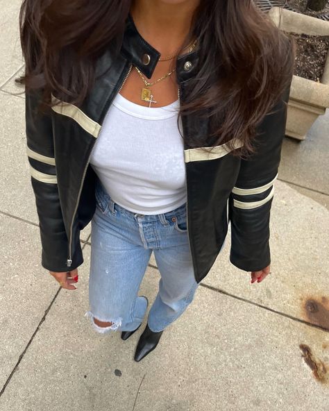 Evangelina Petrakis Outfits, Moto Jacket Outfit Aesthetic, Motor Jacket Outfit Women, Motor Jacket Outfit, Spring Jackets For Women 2024, Jeans Leather Jacket Outfit, Moto Leather Jacket Outfit, Racer Jacket Outfit Women, Racer Jacket Outfit