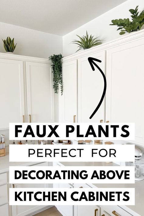 plants above kitchen cabinets decor idea Plants Above Kitchen Cabinets, Empty Space Above Kitchen Cabinets, Decorate Above Kitchen Cabinets, Above Kitchen Cabinet Decor Ideas, Best Faux Plants, Above Kitchen Cabinet Decor, How To Decorate Above Kitchen Cabinets, Above Kitchen Cabinet, Cabinet Decor Ideas