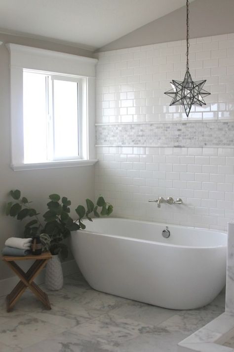 Bathroom with Subway Tiles - Transitional - bathroom - Greige Design Marble Tile Bathroom, Subway Tiles Bathroom, Bathroom Bathtub, Bathtub Remodel, Great Bathrooms, Bad Inspiration, Interior Minimalista, Transitional Bathroom, Bathroom Tub