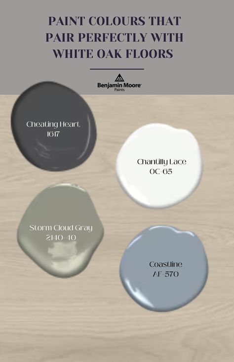 Light Floor Color Scheme, White Oak Floors Dark Walls, White Oak Floors And Paint Colors, Paint Colors For White Oak Floors, Paint Colors With White Oak Floors, White Oak Paint Color, Flooring And Paint Combinations, White Oak Color Palette, Small Room Paint Color