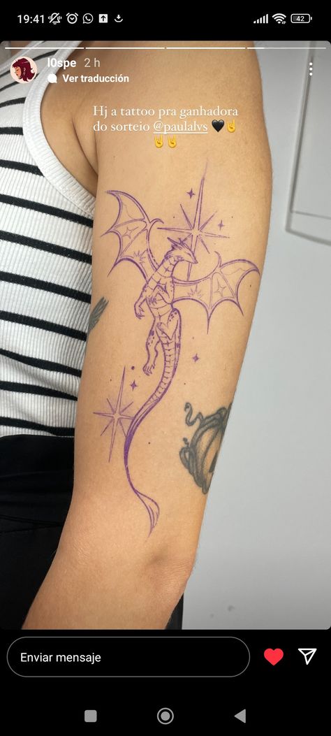 Dragon With Vines Tattoo, Storm Dragon Tattoo, Fantasy Forearm Tattoo, Pretty Dragon Tattoo For Women, Wyrm Tattoo Design, Ella Enchanted Tattoo, Purple Fire Tattoo, Cute Dragon Tattoo Designs, Dream Catcher Elbow Tattoo