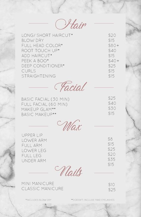 Salon Service Menu @katherinedoeshair Salon Menu Ideas, Hair Salon Interior Design, Nail Salon Interior Design, Beauty Salon Interior Design, Nail Salon Interior, Hair Salon Business, Salon Price List, Make Up Studio, Hair Salon Interior