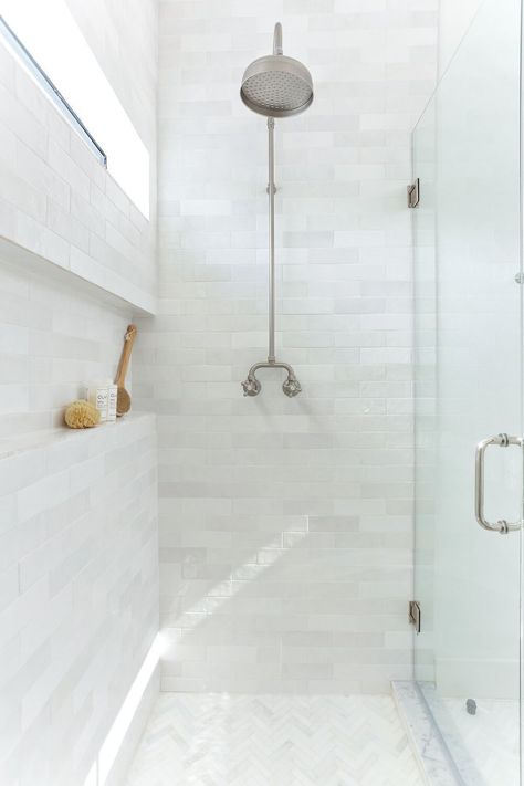 Herringbone Shower Floor, California Contemporary Interior, Herringbone Shower, Glass Tile Shower, California Contemporary, Subway Tiles Bathroom, Laundry Room Flooring, Tile Companies, Guest Bathrooms