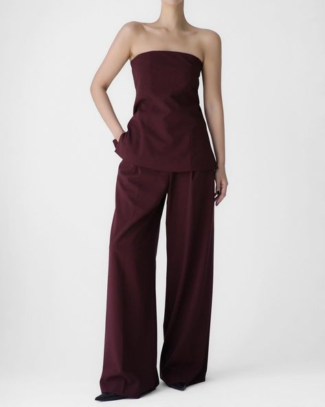 Elegance meets modern sophistication with the new burgundy Abbie strapless vest set. #TheFrankieShop #FrankieForAll #FrankieGirl Strapless Vest, Vest Set, The Frankie Shop, Burgundy Top, Frankie Shop, Back Patch, Woven Fabric, Strapless Top, Mid Rise