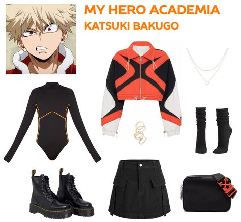 Unleash your inner hero with this explosive ensemble inspired by Katsuki Bakugo from My Hero Academia! The highlight is a jacket reminiscent of his hero uniform, exuding his fierce determination. A cargo skirt and Doc Martens amplify his edgy style, while the orange and black color scheme pays homage to his signature look. Channel Bakugo's fiery spirit and showcase your own heroism with this Katsuki Bakugo-inspired outfit. 💥🔥 Bakugou Costume Redesign, Outfits Inspired By Mha Characters, Bakugou Outfit Inspiration, My Hero Academia Inspired Outfits, My Hero Academia Outfits Ideas, Bakugou Inspired Outfit, Bakugo Fashion, Bakugo Inspired Outfit, Mha Accessories