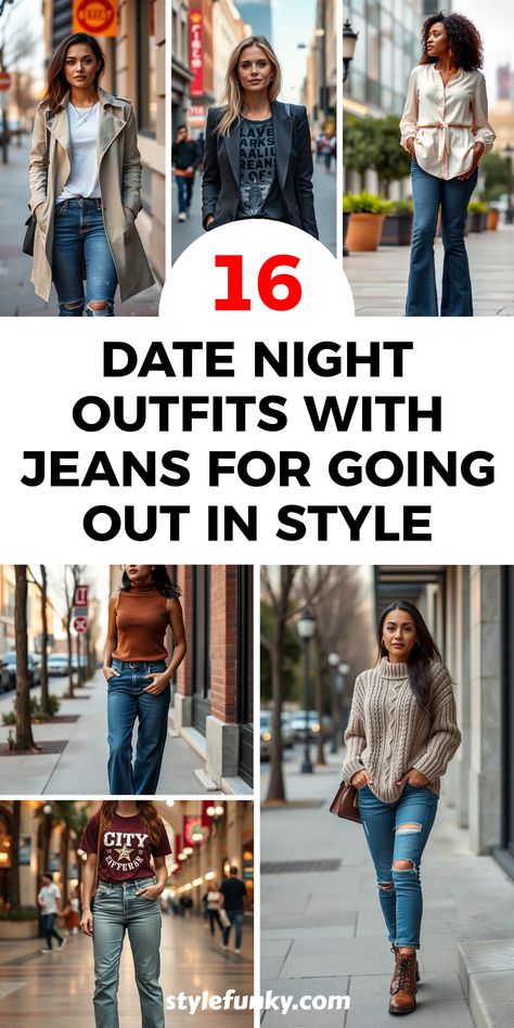 Get ready to stun with these 16 going out outfits featuring jeans! Perfect for any casual outing, these looks will inspire your fashion choices for dinner dates, late-night gatherings, or coffee runs. From a classic trench coat paired with a simple tee and stylish jeans to a vintage band tee combined with high-waisted mom jeans and chunky sneakers, there's something for everyone. Explore how to mix and match styles, fabrics, and accessories to create the perfect vibe for any occasion while looking effortlessly chic! Denim Date Night Outfit, First Date Jeans Outfit, Jean Going Out Outfit Winter, Dinner Date Casual Outfit, How To Dress Up Jeans For A Night Out, Dressing Up Jeans For Night Out, Date Night Jeans Outfit Winter, Jeans And Top Outfit Going Out, Dress Up Jeans For Night Out