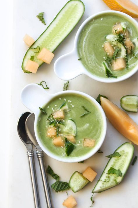 Cucumber Melon Summer Soup Melon Soup, Gazpacho Recipe, Summer Soup, Cucumber Melon, Healthy Soup Recipes, Healthy Soup, Fruit And Veg, Pastel Green, 10 Minute