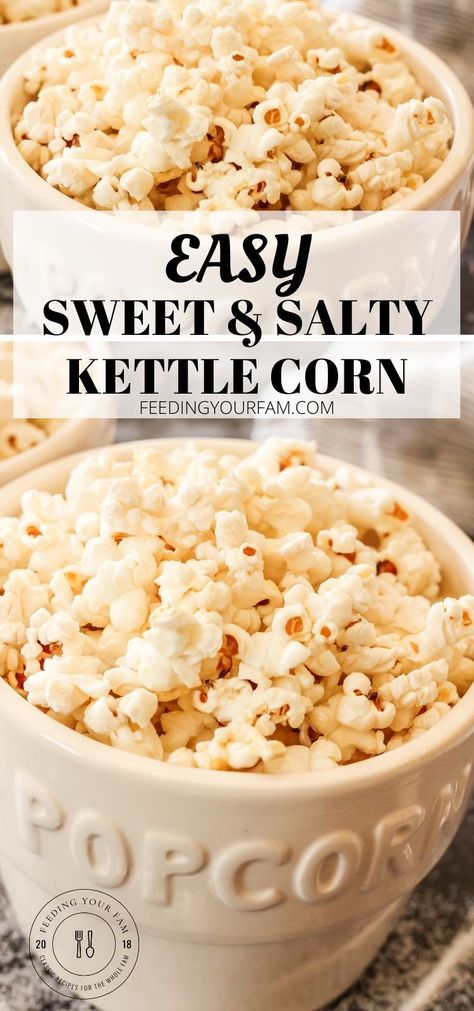 Homemade Kettle Corn, Kettle Corn Recipe, Popcorn Recipes Sweet, Easy Homemade Snacks, Popcorn Recipes Easy, Salty Popcorn, Sweet Popcorn, The Movie Theater, Homemade Popcorn