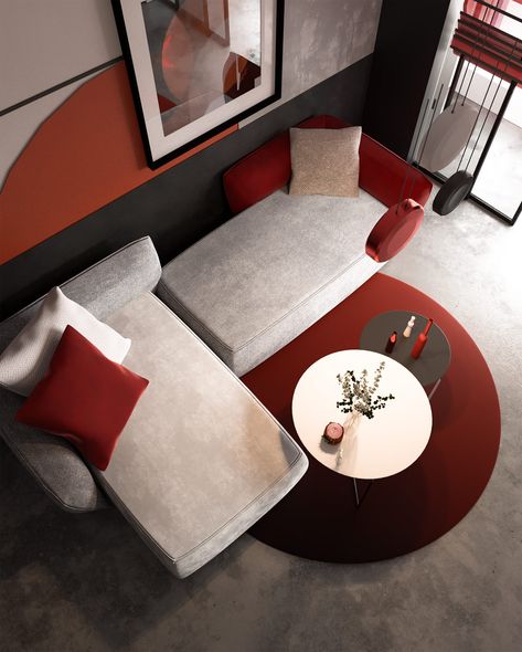 Modern Red And Grey Interiors With Japanese Influences Modern Red Living Room, Grey Red Living Room, Red Modern Living Room, Red Interior Design Modern, Living Room Designs Red And Grey, Moveable Partition Wall, Red Apartment, Red Interior Design, Red Living Room