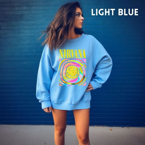 Blue Nirvana Sweatshirt, Nirvana Smile, Nirvana Hoodie, Nirvana Sweatshirt, Light Blue Sweatshirt, Preppy Sweatshirts, 90s Sweatshirt, Display Type, Blue Sweatshirt