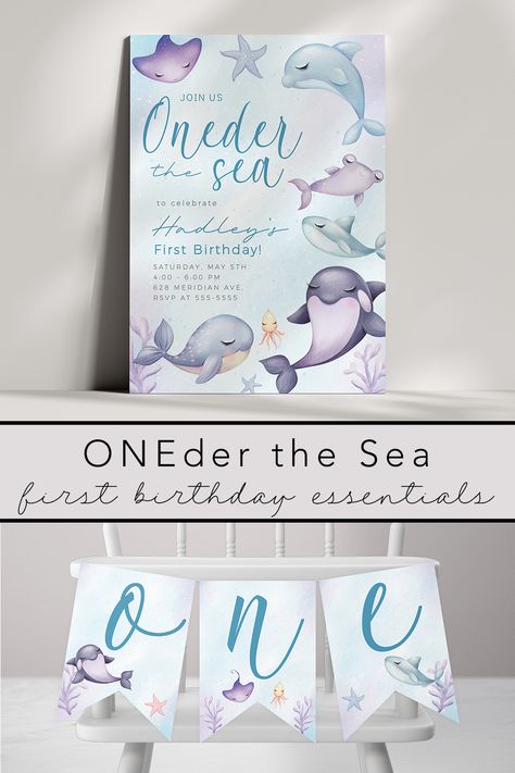 oneder the sea 1st birthday party invitation and decor One Der The Sea First Birthday Girl, Under The Sea First Birthday Girl, Oneder The Sea 1st Birthday, Oneder The Sea, Kids Invitation, Noblesville Indiana, First Birthday Girl, Ocean Birthday, Welcome Signs