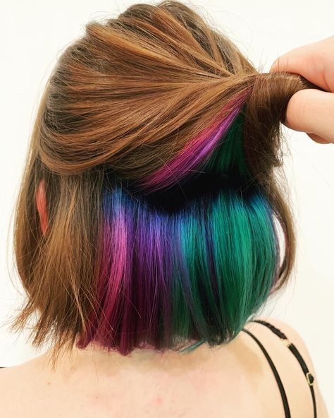 Hidden Vivid Hair Color, Prism Highlights, Rainbow Hair Underneath, Two Tone Hair Color Ideas, Half Colored Hair, Short Rainbow Hair, Two Tone Hair Color, Hidden Rainbow Hair, Underneath Hair Color Ideas