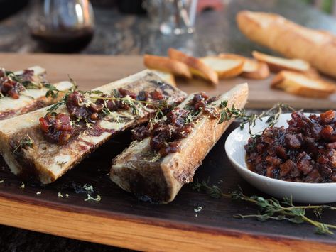 Bone Marrow with Bacon Marmalade and Sourdough Toast recipe from Guy Fieri via Food Network Bone Marrow Recipe, Marrow Recipes, Bacon Marmalade, Marrow Recipe, Roasted Bone Marrow, Sourdough Toast, Guy Fieri, Bone Marrow, Smoked Bacon