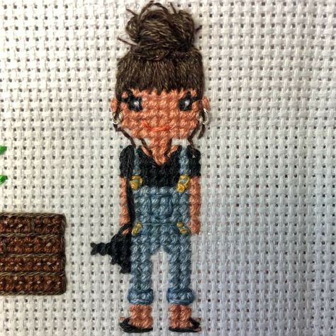 Real hair, messy bun, earrings, overalls, eyes, Cross Stitch People, Hair Messy Bun, Pixel People, Cross Stitch Gallery, Stitch Family, Stitch People, Cross Stitch Family, Hair Messy, Cross Stitch Funny