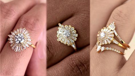 The 'Baguette Halo' Trend Gives Your Engagement Ring An Art Deco Twist - Glam Baguette Halo, Unique Engagement Rings Halo, Nontraditional Engagement Rings, Baguette Engagement Ring, Trending Engagement Rings, Ring Trends, Tiny Diamond, Colored Gems, Art Deco Engagement Ring