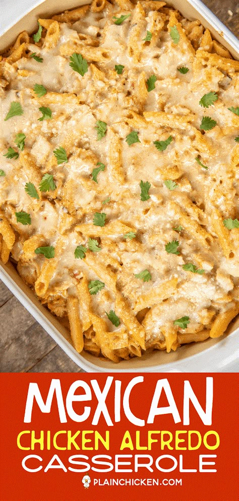 Mexican Chicken Alfredo Casserole - for when you can't decide between Mexican and Italian for dinner! This is super easy to make and tastes AMAZING! Chicken, pasta, Alfredo sauce, taco seasoning, salsa, onion, ricotta cheese, and parmesan cheese. Can make in advance and refrigerate or freeze for later. #casserole #chicken #pastacasserole #chickenalfredo #mexicanfood Mexican Chicken Alfredo, Pasta Alfredo Sauce, Mexican Chicken Tacos, Casserole Mexican, Alfredo Casserole, Sausage Pasta Bake, Chicken Alfredo Casserole, Mexican Chicken Casserole, Pasta Recipes Alfredo