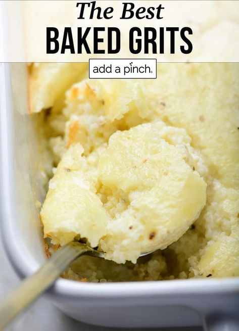 This Baked Cheese Grits Casserole recipe features creamy grits cooked with butter and cheese and then baked into a delicious casserole. //addapinch.com #bakedgrits #grits #gritscasserole #addapinch Easy Grits Recipe, Baked Cheese Grits, Baked Grits, Cheesy Grits Recipe, Cheese Grits Casserole, Cheese Grits Recipe, Grits Breakfast, Quick Grits, Grits Casserole