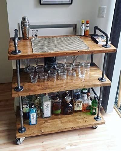 100+ Farmhouse Bar Carts and Rustic Kitchen Carts for your Farmhouse Style Kitchen. We absolutely love farmhouse kitchen island carts and rustic bar carts because they are beautiful and functional. Rustic Bar Cart, Industrial Bar Cart, Industrial Pipe Furniture, Wood Bar Cart, Diy Bar Cart, Industrial Diy, Sofa Ottoman, Metal Wine Rack, Industrial Bar