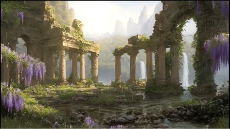 Fantasy Ruined City, Fantasy Location Inspiration, Overgrown Ruins Fantasy Art, Fantasy Ruins Art, Fantasy Ruins Concept Art, Ancient Ruins Aesthetic, Fantasy World Landscapes, Fantasy Ruins, Dragon World