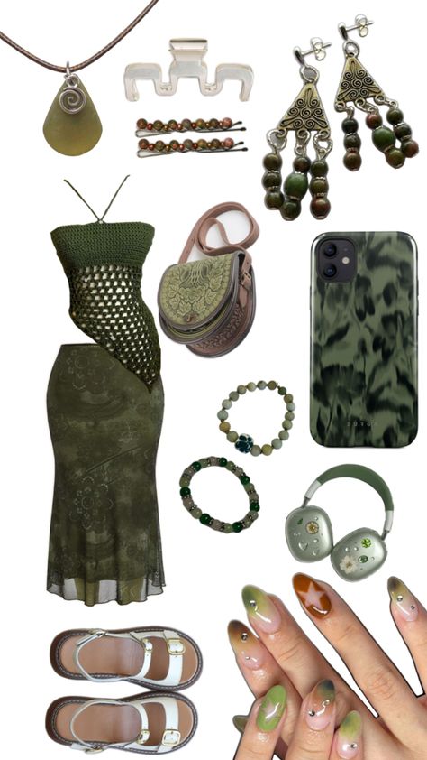 Earthy green skirt crop top aesthetic cute artsy nails Green Outfit Aesthetic, Outfits With Skirts, Goblincore Outfits, Artsy Nails, Crop Top Aesthetic, Skirt Crop Top, Top Aesthetic, Plus Size Baddie Outfits, Earthy Style