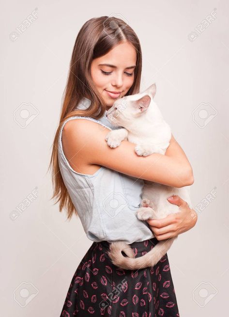 Woman Holding Cat, Cat Stock Photo, Cat Reference, Cat Stock, Figure Reference, Female Pose Reference, Cat Pose, Brunette Woman, Character Poses