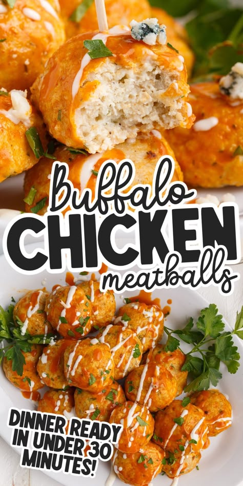 The buffalo chicken meatballs are made with lean ground chicken, a few spices, breadcrumbs, milk, and egg. They are tender and juicy every time making them a go-to appetizer and could even be made for the main course meal. Buffalo Chicken Balls, Buffalo Meatballs, Ground Chicken Meatballs, Tailgate Recipes, Spicy Buffalo Chicken, Meatball Dinner, Buffalo Chicken Meatballs, Chicken Balls, Chicken Meatball Recipes