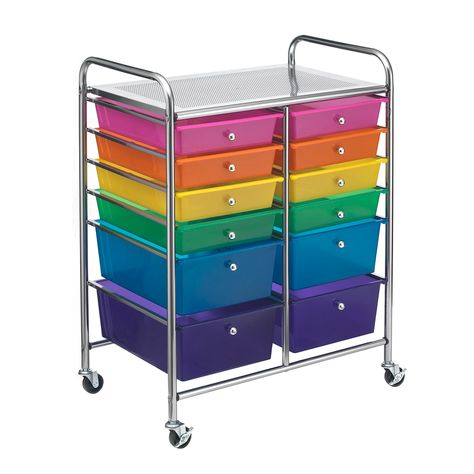 "Purchase the Multicolor 12 Drawer Rolling Cart by Simply Tidy™ at Michaels. This colorful craft cart on wheels will make your workspace or classroom brighter as well as tidier! The eight shallow drawers are perfectly suited to holding letter paper, markers, scissors, glue, stickers, or just about anything else you can think of. This colorful craft cart on wheels will make your workspace or classroom brighter as well as tidier! The eight shallow drawers are perfectly suited to holding letter pap Drawer Rolling Cart, Michaels Coupon, Office Necessities, Best Closet Organization, Drawer Cart, Closet Clutter, Craft Cart, Linen Closet Organization, Rolling Cart