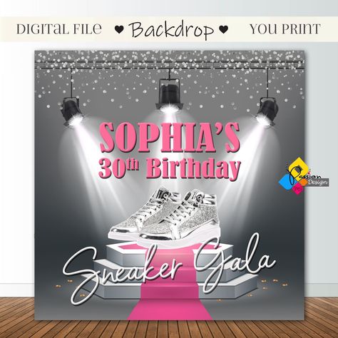 Printable SNEAKER Gala Birthday Backdrop. Digital Sneaker Party Decor. Personalized Sneaker Ball Banner. Sneakers Party Theme Background https://etsy.me/3jcvpOO #pink #birthday #silver #sneakergala #sneakerpinksilver #sneakerbackdrop #sneakerbanner #sneakerball 50th Birthday Sneaker Ball, Sneaker Sweet 16 Party, 40th Sneaker Ball Party, Sneaker Ball Decorations For Kids, Sneaker Gala Party Ideas, Sneaker Ball Party Decorations, Sweet 16 Sneaker Ball Invitations, Sweet Sixteen Party Themes, 59 Birthday