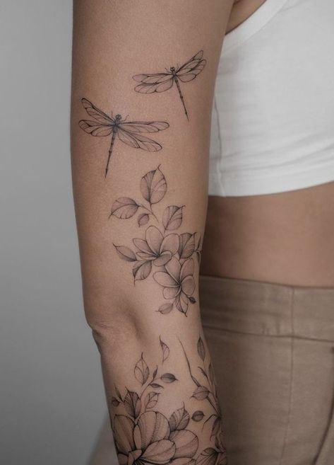 Dragonfly Wrap Around Tattoo, Dragonfly Sleeve Tattoo, Detailed Dragonfly Tattoo, Dragonfly Tattoo Sleeve, Dragonfly With Flowers Tattoo, Dragonfly Tattoos For Women, Dragonfly Tattoo Design With Flowers, Dragon Fly Tattoo, Small Dragonfly Tattoo