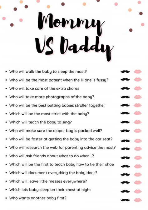 How to Play Mom Or Dad Baby Shower Game (Free Printable) 2021 Mom Shower Party, Baby Shower Question Game, Baby Shower Shoe Game, Baby Shower Printable Games, Games For Baby Shower Party, Free Baby Shower Games Printables, Baby Shower Games Free Printables, Baby Shower Games Ideas, Mom Or Dad Baby Shower Game