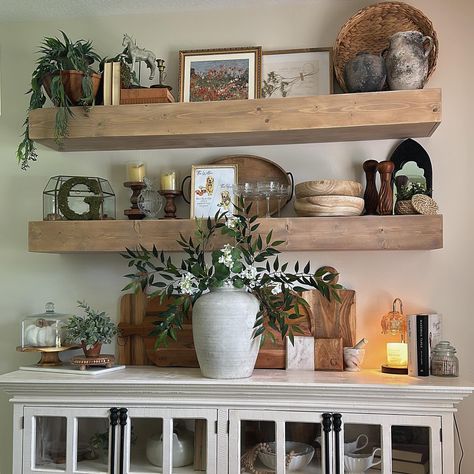 Buffet Decor Styled Buffet Table, Shelves Over Buffet Table, Buffet Table With Shelves Above, How To Style A Bakers Rack, Dining Room Buffet With Shelves Above, Buffet With Open Shelving Above, Kitchen Buffet Table Ideas Decor, Buffet Table In Kitchen, Floating Shelves Above Buffet