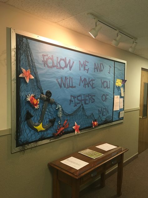 Fishers of Men bulletin board Under The Sea Christian Bulletin Board, Fishers Of Men Bulletin Board Ideas, Fishers Of Men Bulletin Board, Bible School Bulletin Board Ideas, Fishers Of Men Vbs Decorations, Vbs Bulletin Board Ideas, Bulletin Board Layout, Summer Church Bulletin Boards, Fishers Of Men Craft