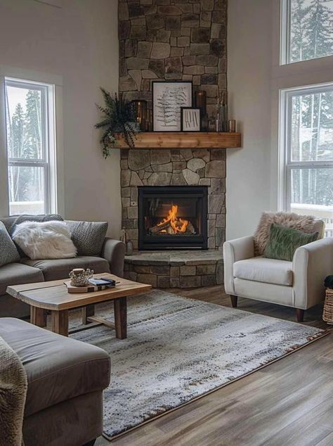 Corner Fireplace Ideas, Exposed Brick Fireplaces, Electric Fireplace Living Room, Open Living Room Design, Shiplap Wood, Modern Rustic Living Room, Small Fireplace, House Color Palettes, Living Room Corner