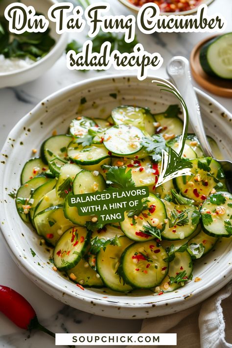 Crispy Din Tai Fung-Inspired Cucumber Salad Recipe Cucumber Salad Thai, Tahini Cucumber Salad, Hawaiian Cucumber Salad, Din Tai Fung Cucumber Salad, Cucumber Salad Ideas, Din Tai Fung Cucumber Recipe, Whole Cucumber Recipes, Crispy Cucumber, Cucumber Salad Asian