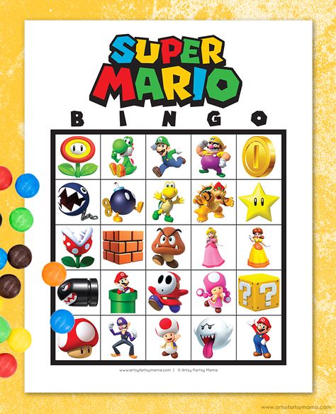 Mario Party Ideas Diy, Mario Birthday Party Activities, Super Mario Bros Party Activities, Mario Bros Printables Free, Mario Themed Games, Mario Bingo Free Printable, Mario Party Printables Free, Super Mario Birthday Games, Mario Kart Activities